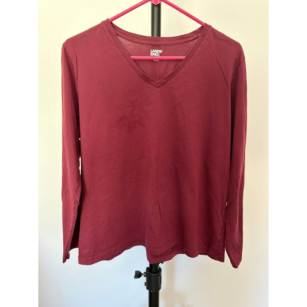 Lands End V Neck Long Sleeve Shirt Womens Large Maroon Burgundy Cotton Petite L
